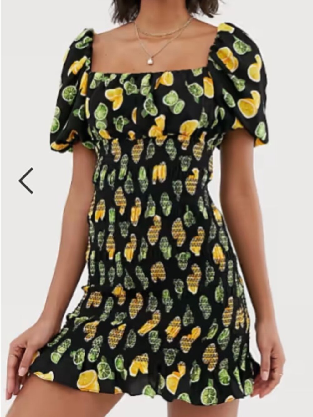 ASOS Fruit Print Dress Puff Sleeve Smocked Body-Hugging Skirt Size 8